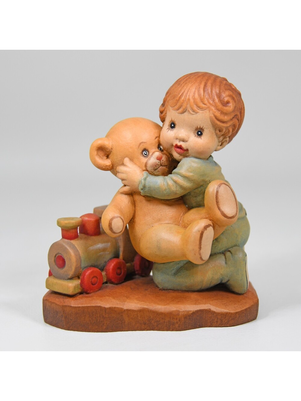 Anri Sarah Kay Valentine Cuddles Boy Teddy Bear Train 3" Carved Wood Sculpture